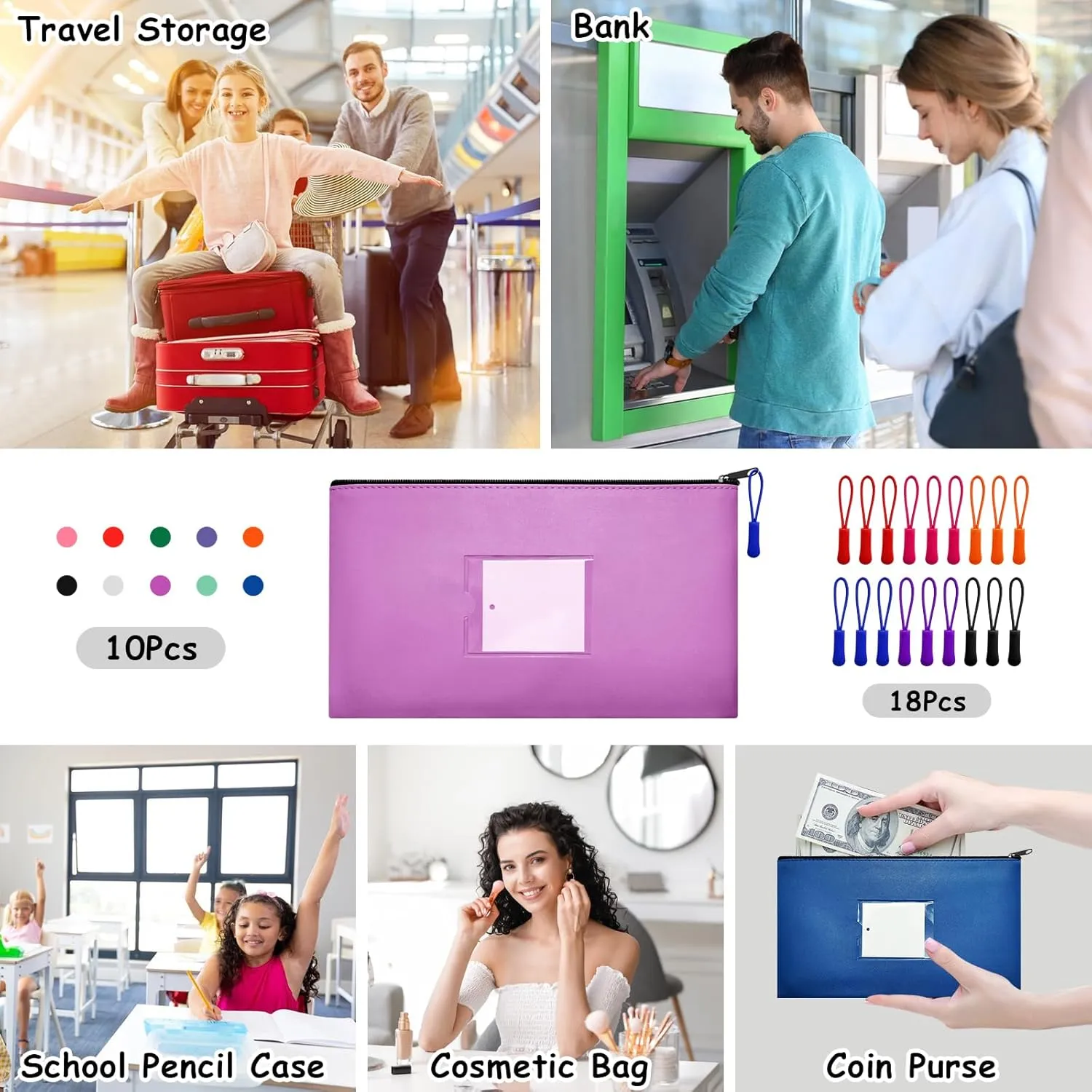 10 Pcs Money Bags With Zipper Money Pouch Bag Wallet Pouches with Label 11x6.1inch Bank Deposit Bags Leather Cash Coin Zipper Bags Checks Bag Organizer Receipt Holder Makeup Bags for Women Men