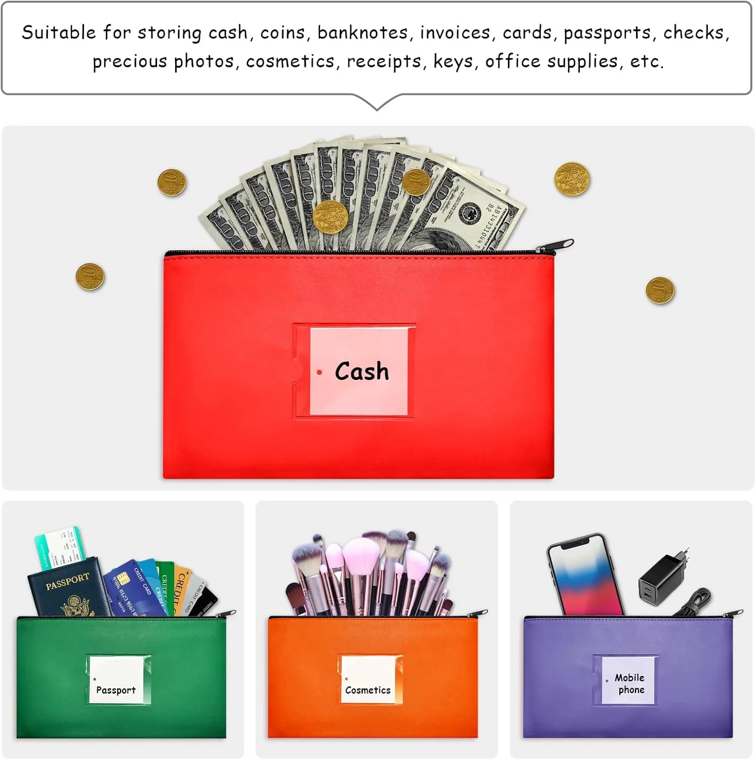 10 Pcs Money Bags With Zipper Money Pouch Bag Wallet Pouches with Label 11x6.1inch Bank Deposit Bags Leather Cash Coin Zipper Bags Checks Bag Organizer Receipt Holder Makeup Bags for Women Men