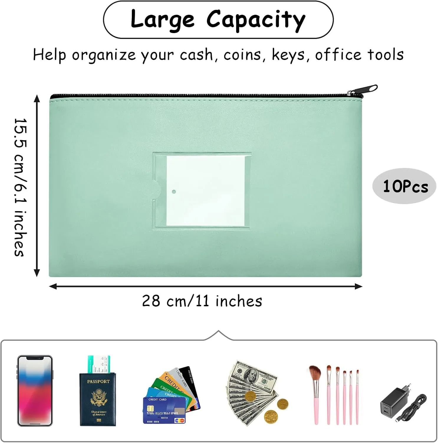 10 Pcs Money Bags With Zipper Money Pouch Bag Wallet Pouches with Label 11x6.1inch Bank Deposit Bags Leather Cash Coin Zipper Bags Checks Bag Organizer Receipt Holder Makeup Bags for Women Men