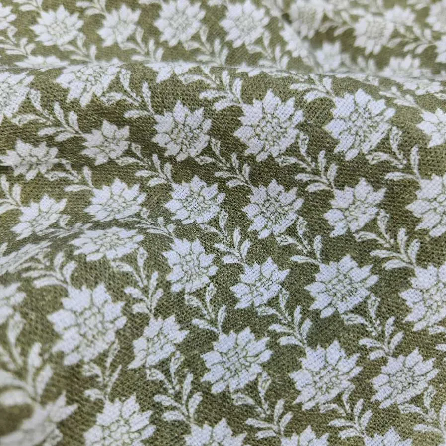 100% Linen fabric Block print olive green on white - Nora 2512