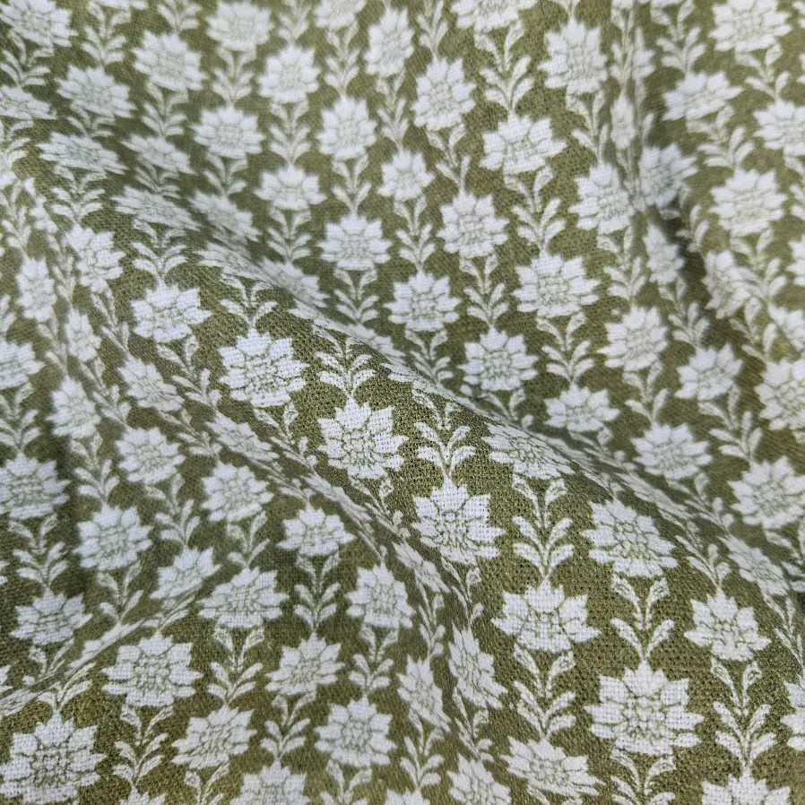 100% Linen fabric Block print olive green on white - Nora 2512