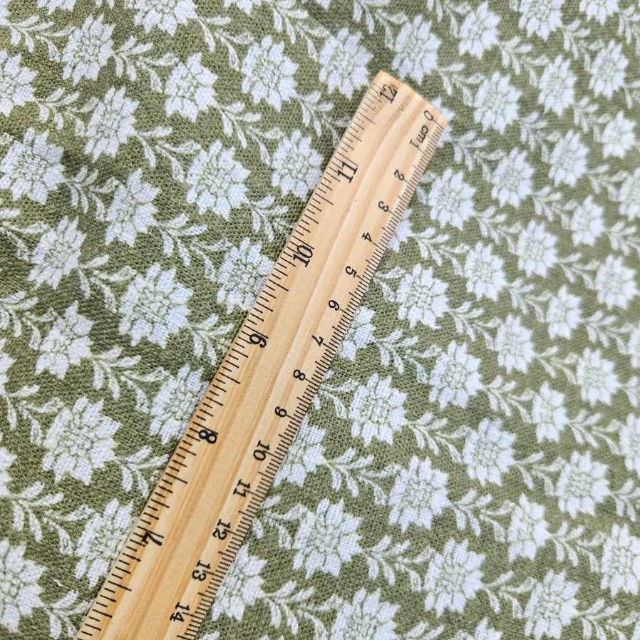 100% Linen fabric Block print olive green on white - Nora 2512