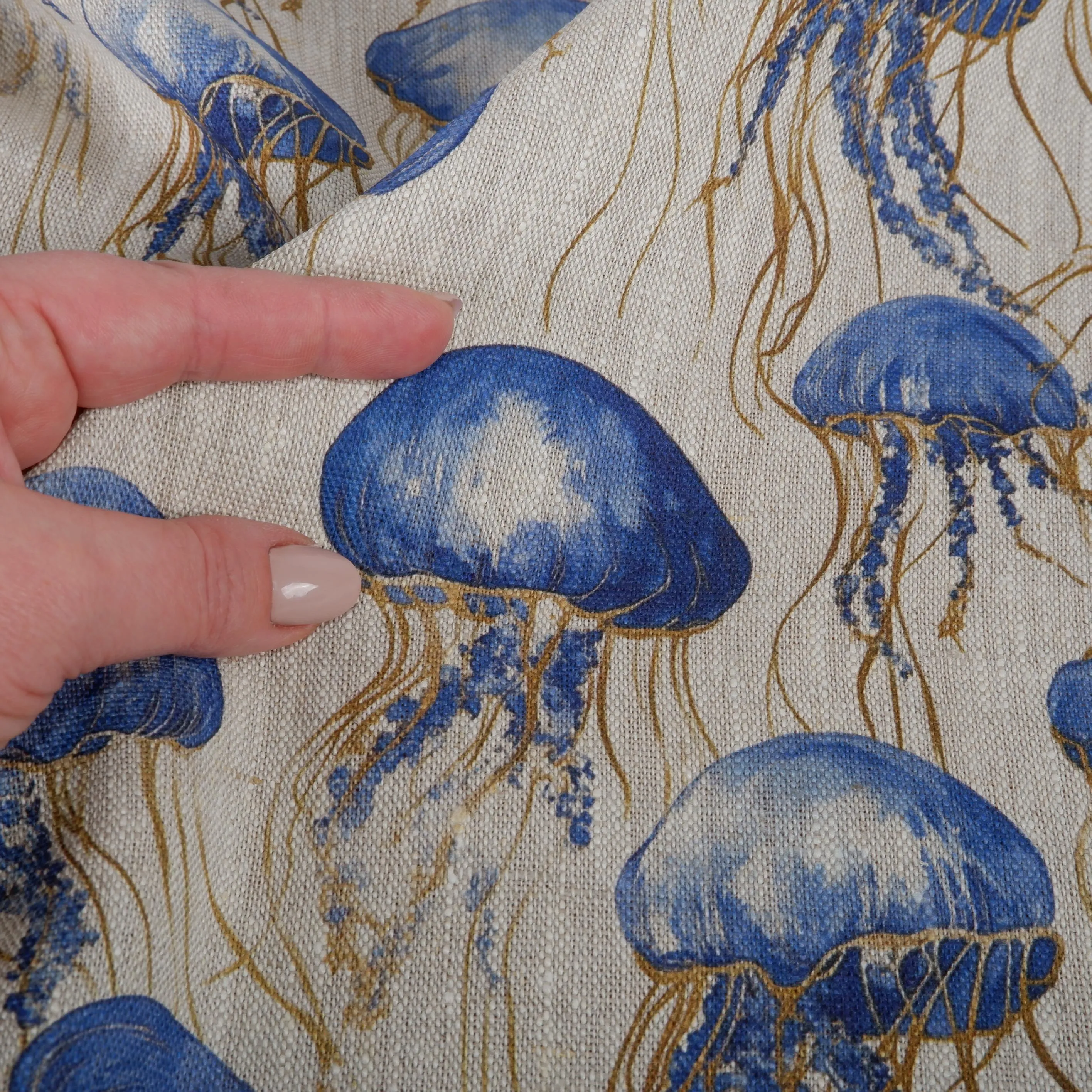 100% LINEN Fabric jellyfish - oatmeal with blue coastal print 2038
