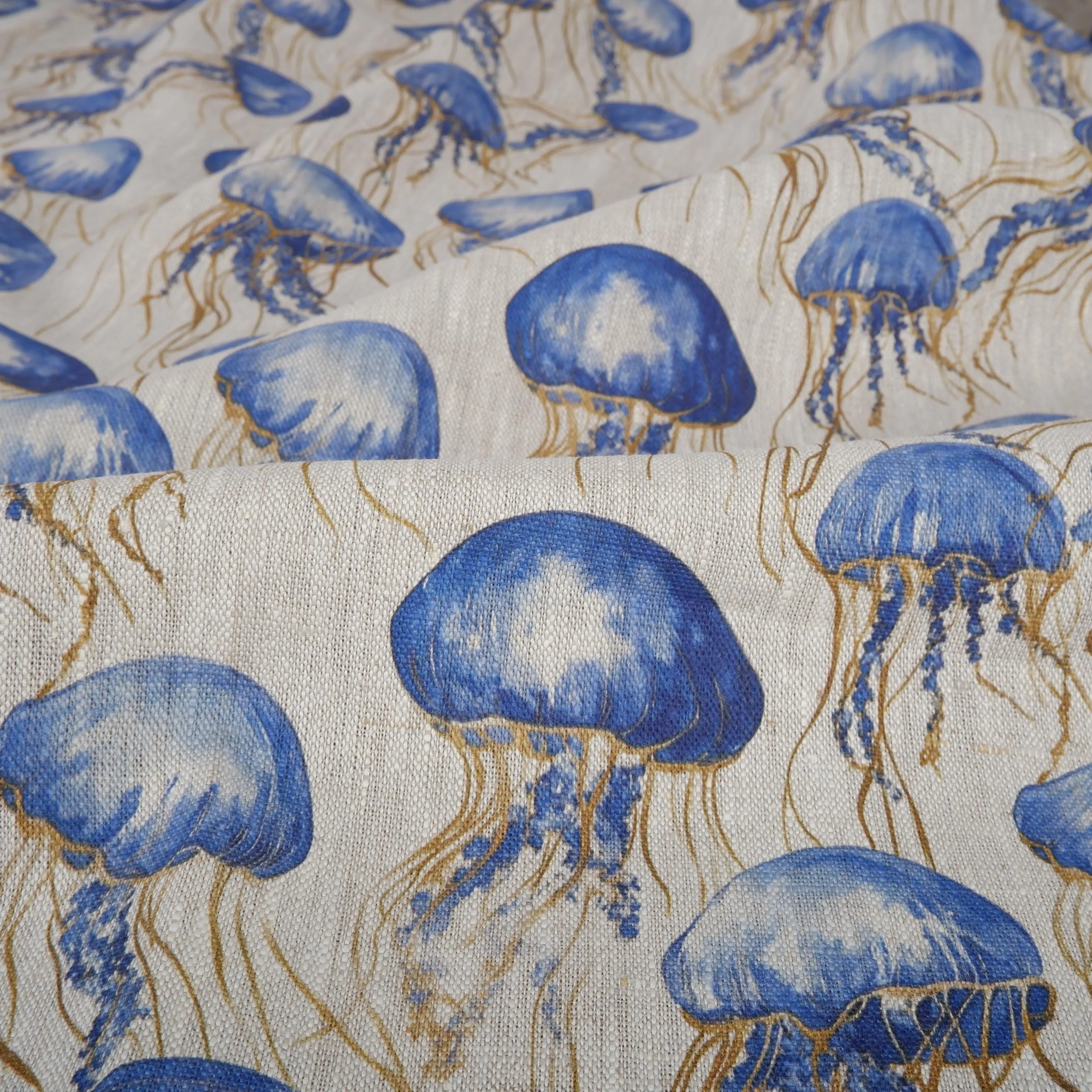 100% LINEN Fabric jellyfish - oatmeal with blue coastal print 2038
