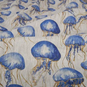 100% LINEN Fabric jellyfish - oatmeal with blue coastal print 2038