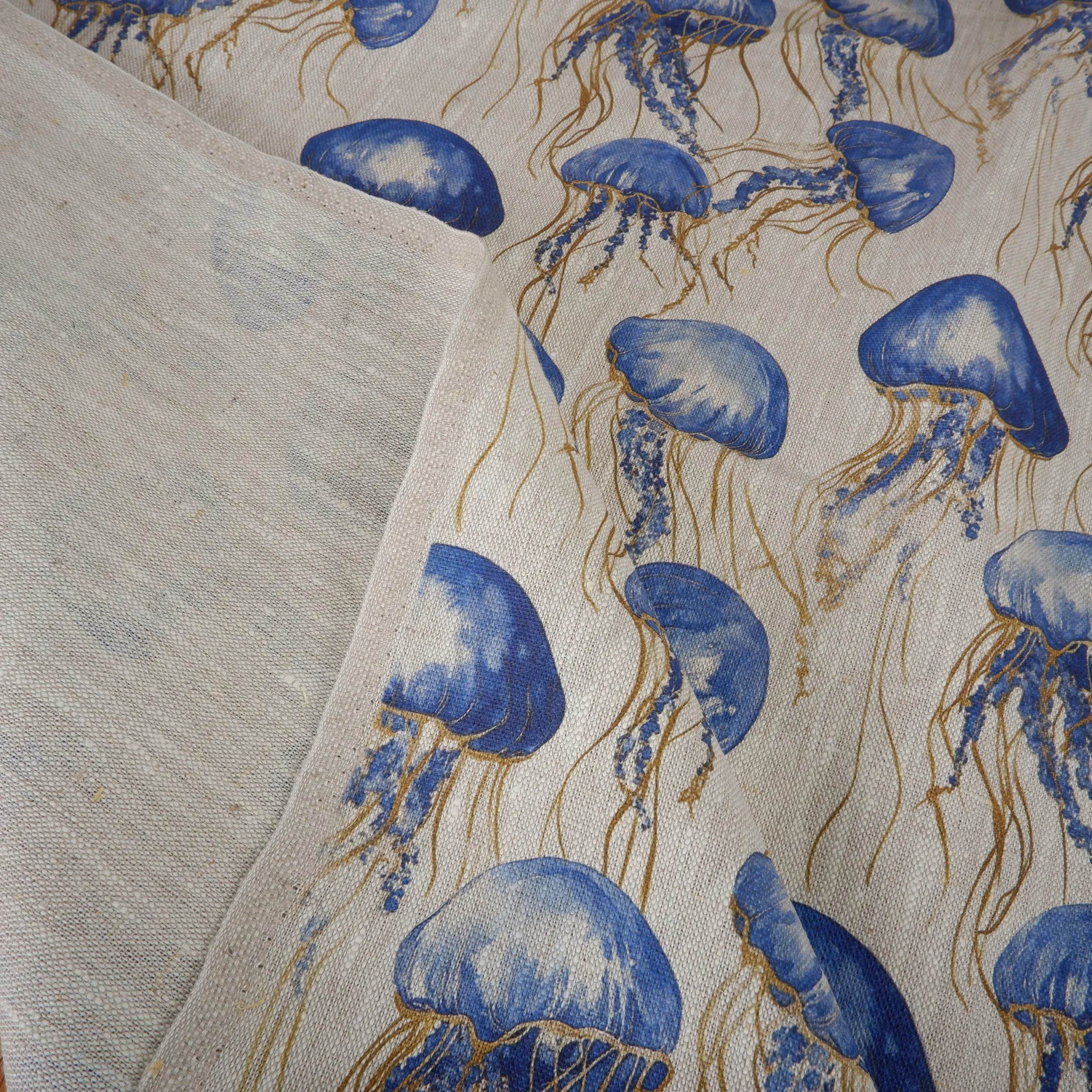 100% LINEN Fabric jellyfish - oatmeal with blue coastal print 2038