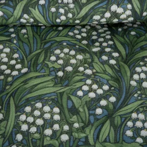 100% LINEN Fabric Lily of the valley - floral green print on linen 2065