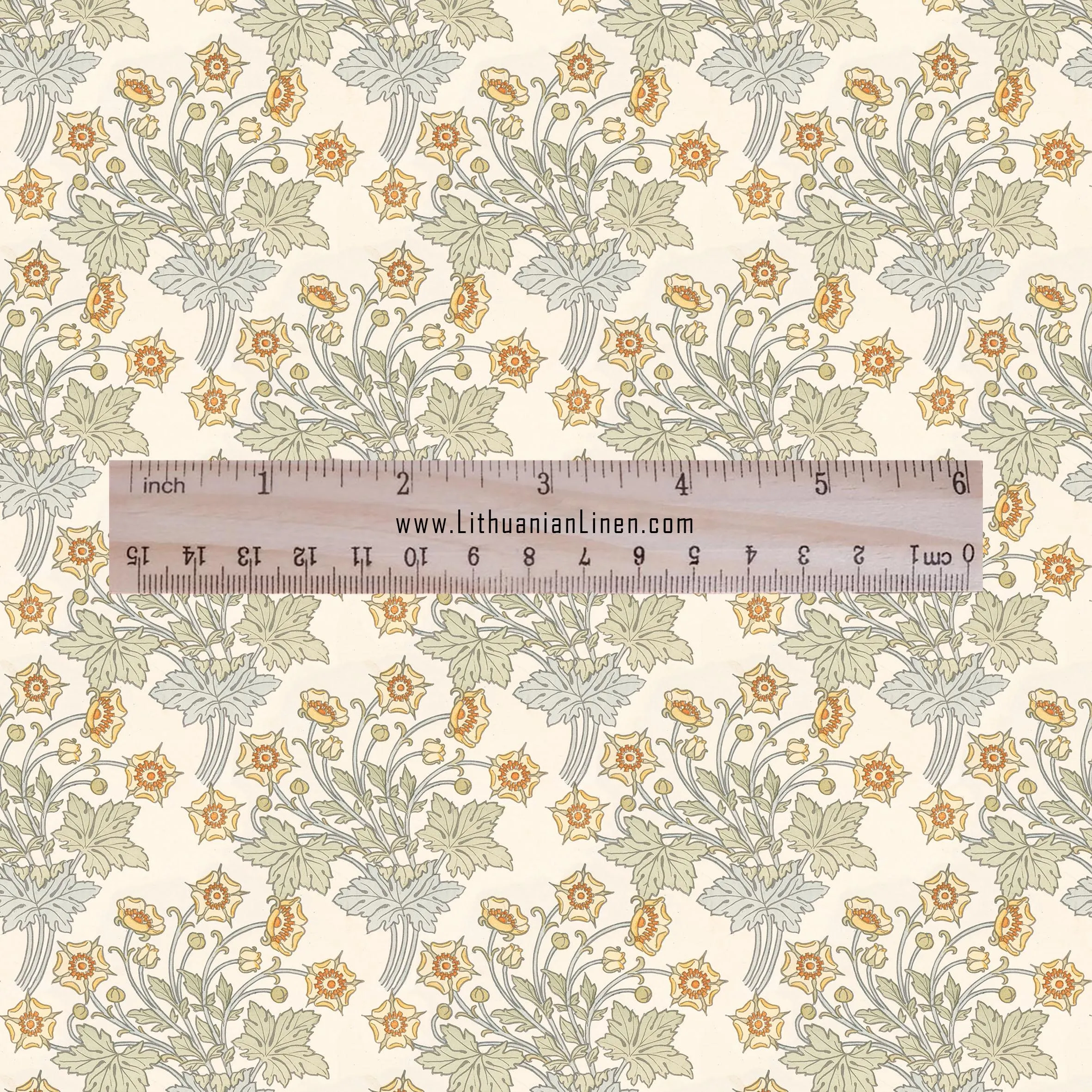 100% linen fabric Ranunculus print - Buttercup beige yellow 2445