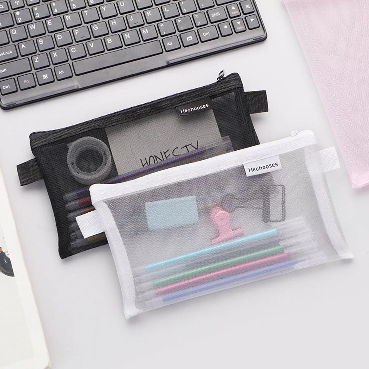 10PCS Clear Mesh Pencil Case Pen Cosmetic Makeup Storage Bag Organizer Pouch