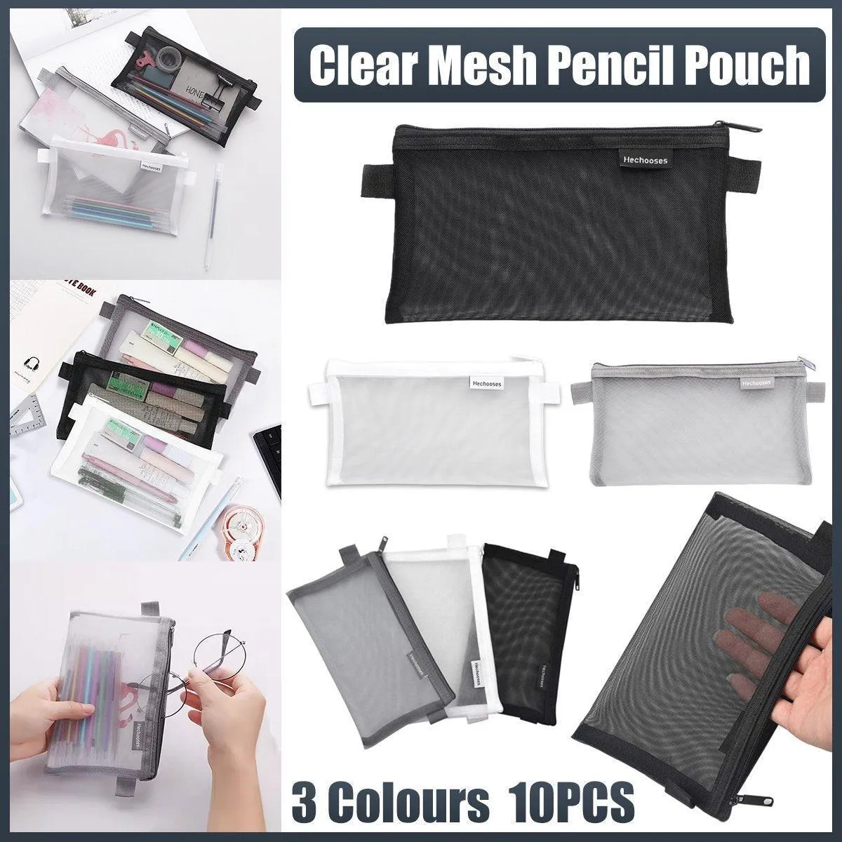 10PCS Clear Mesh Pencil Case Pen Cosmetic Makeup Storage Bag Organizer Pouch