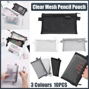 10PCS Clear Mesh Pencil Case Pen Cosmetic Makeup Storage Bag Organizer Pouch