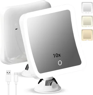 10X Magnifying Lighted Makeup Mirror with Lights,Daylight LED Vanity Mirror, Rechargeable,Compact, Cordless, Locking Suction Mirror, 360 Rotation, 7" Portable Illuminated Bathroom Mirror