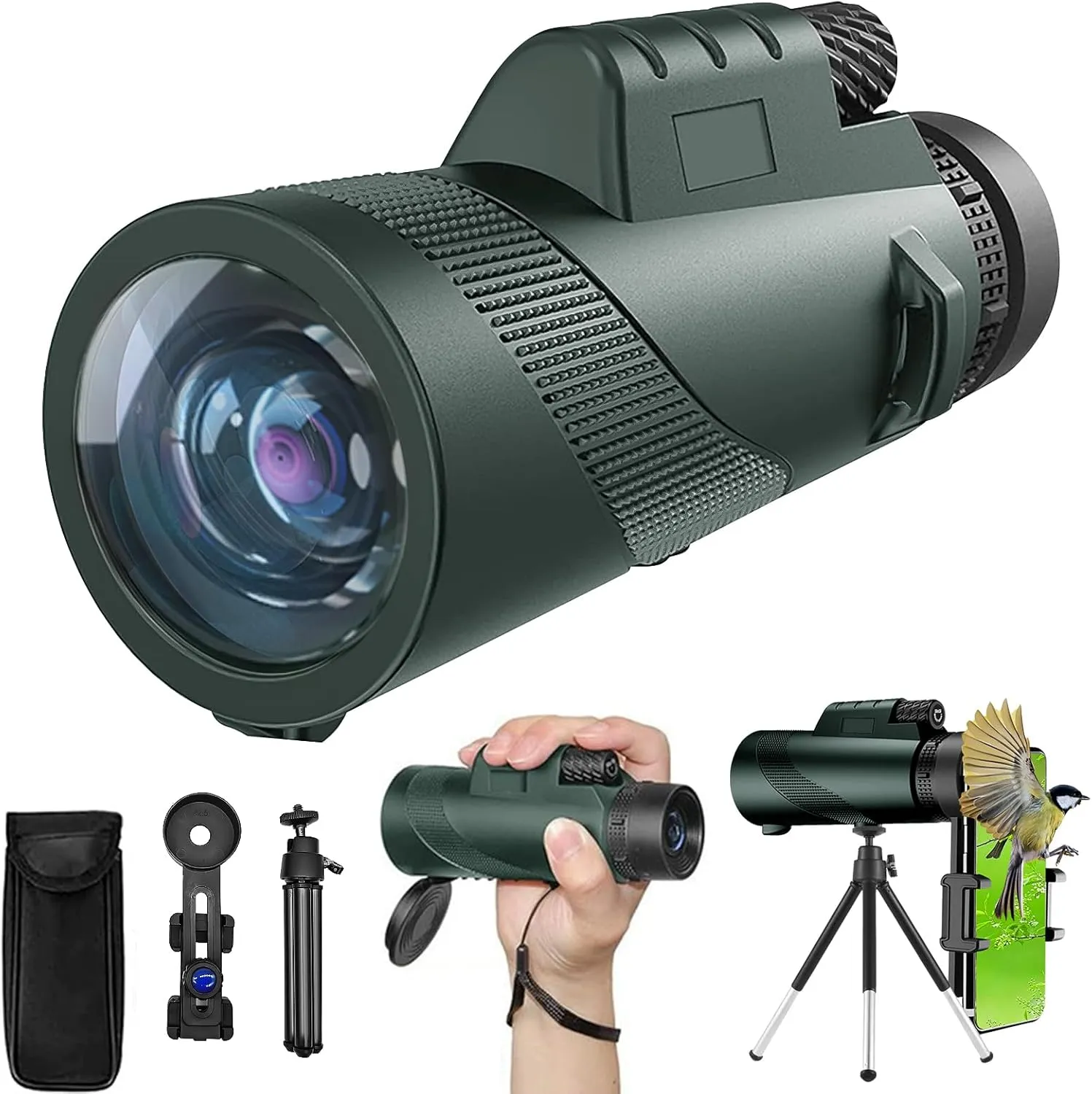 10X42 HD Monocular Telescope for Adults, High Powered Compact BAK-4 Prism & FMC Lens, with Smartphone Holder & Tripod, Stargazing Hunting Bird Watching, Camping Hiking Travel Accessories (Green)