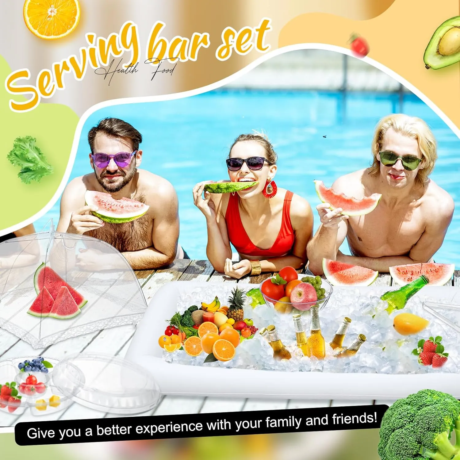 128 Pcs Inflatable Cooler for Parties 2 Inflatable Serving Bars Buffet Cooler for Parties 3 Food Cover 6 Salad Bowl 12 Serving Utensils 5 Plastic Appetizer Tray 100 Labels(White)