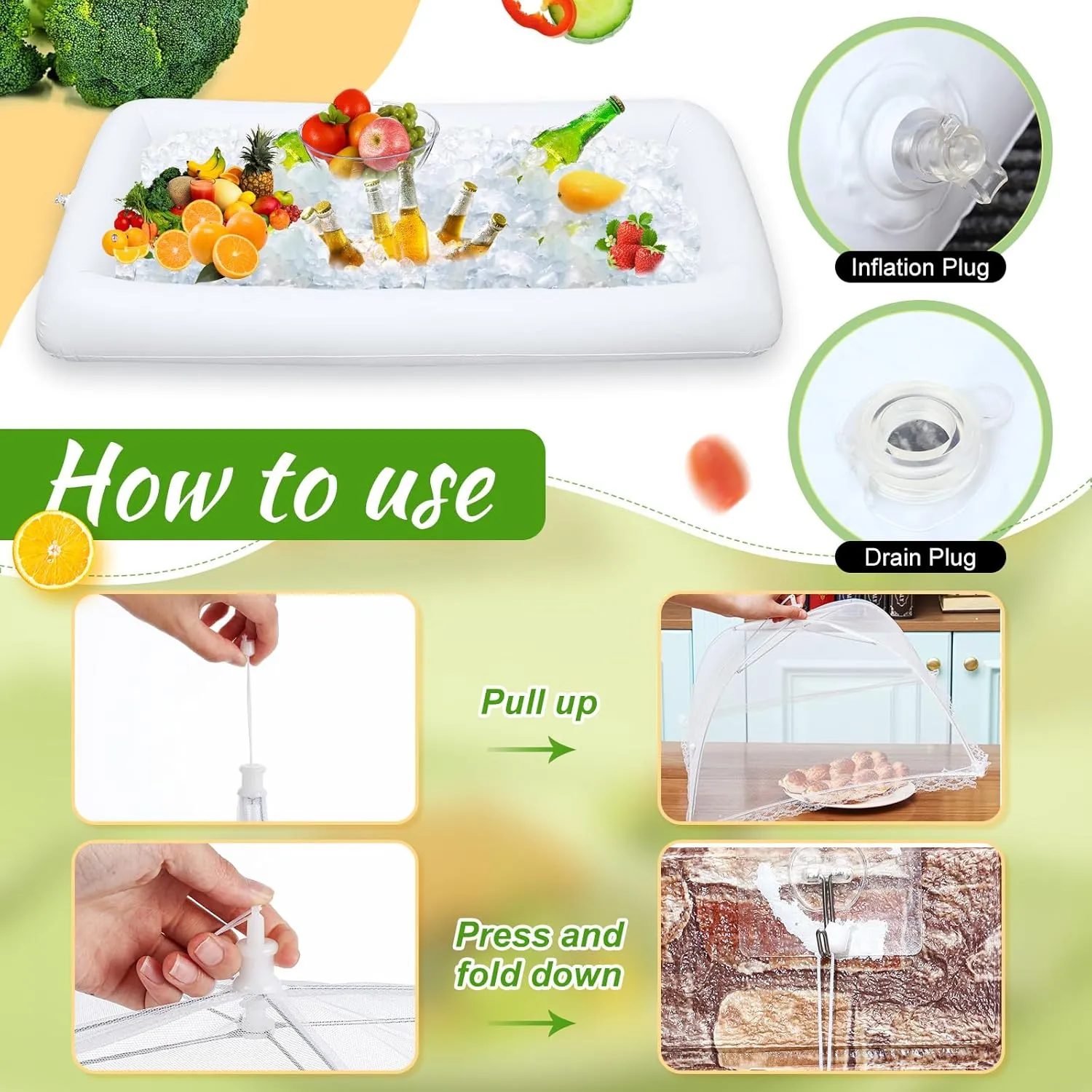 128 Pcs Inflatable Cooler for Parties 2 Inflatable Serving Bars Buffet Cooler for Parties 3 Food Cover 6 Salad Bowl 12 Serving Utensils 5 Plastic Appetizer Tray 100 Labels(White)