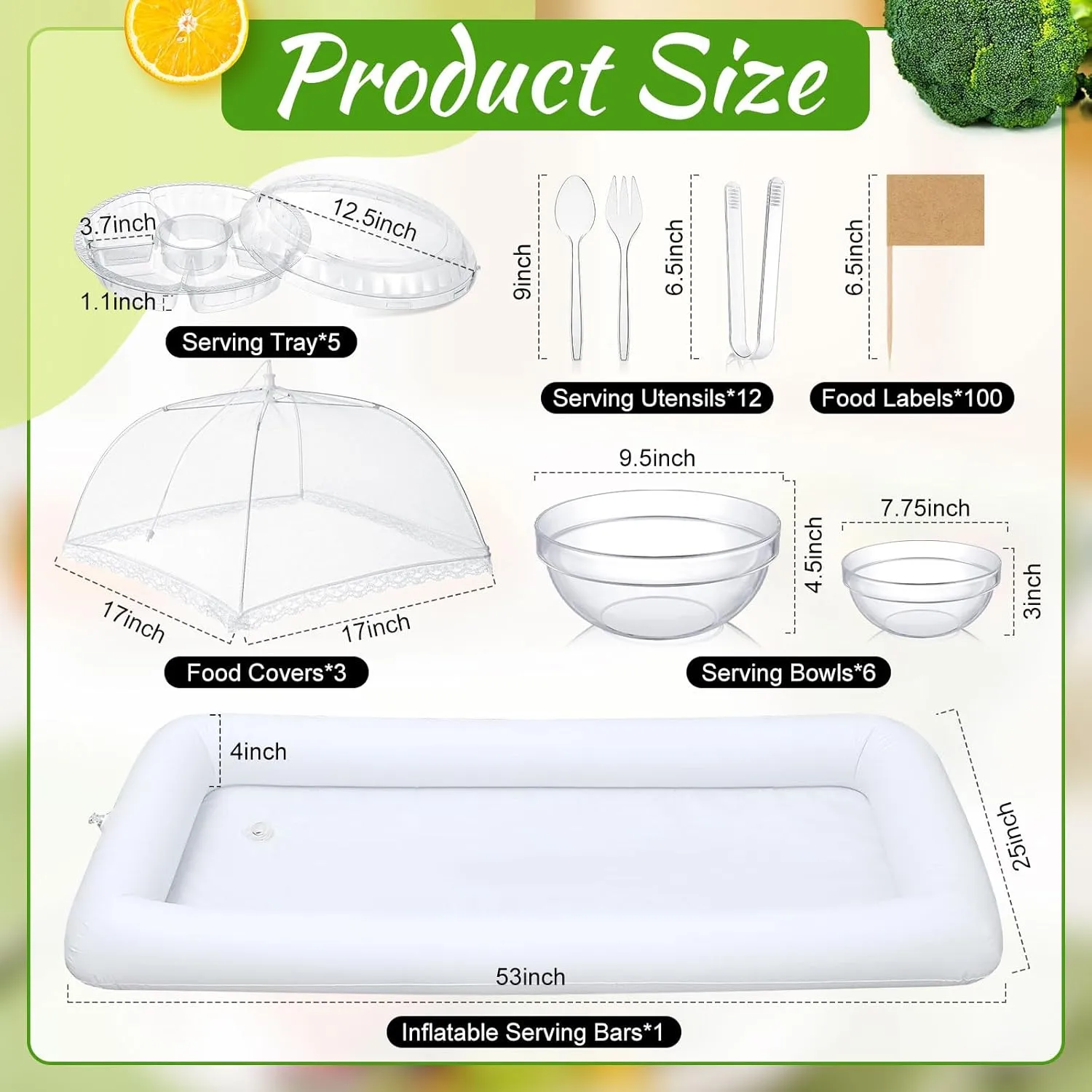 128 Pcs Inflatable Cooler for Parties 2 Inflatable Serving Bars Buffet Cooler for Parties 3 Food Cover 6 Salad Bowl 12 Serving Utensils 5 Plastic Appetizer Tray 100 Labels(White)
