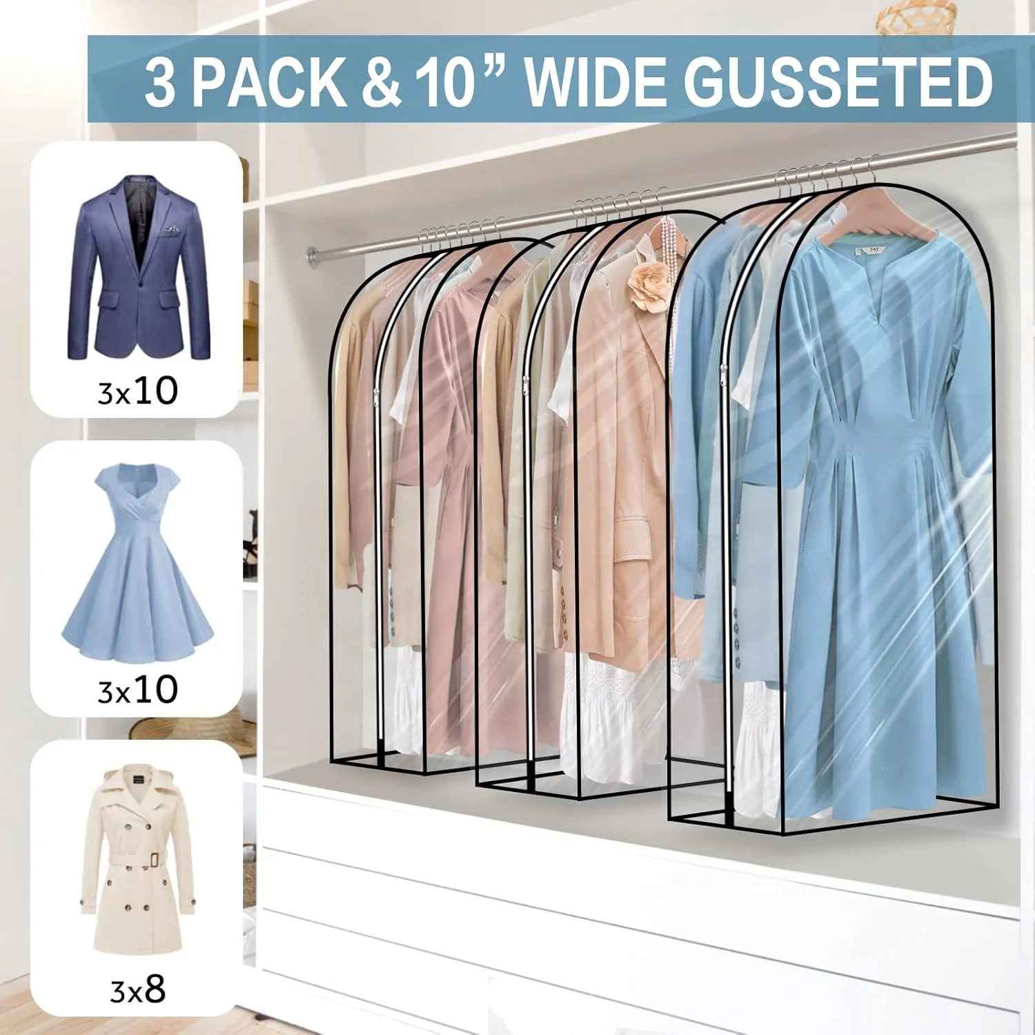 12" Gusseted All Clear Garment Bags for Hanging Clothes Storage 40" Dress Bags for Storage of Coats Sweater, Jacket,Dresses(3 Packs)…