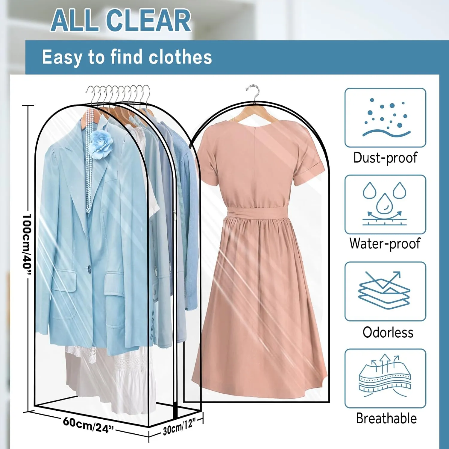 12" Gusseted All Clear Garment Bags for Hanging Clothes Storage 40" Dress Bags for Storage of Coats Sweater, Jacket,Dresses(3 Packs)…