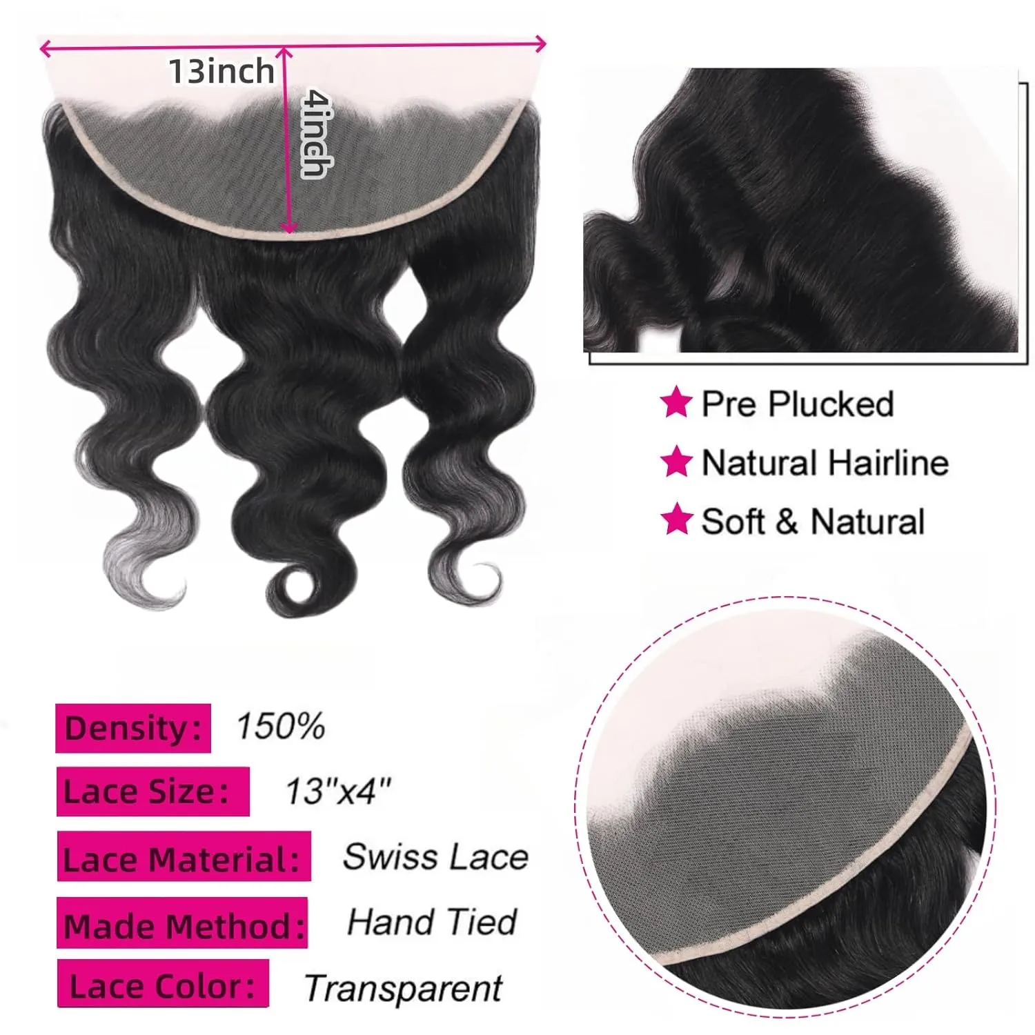13 x 4 Lace Frontal Closure Body Wave Ear to Ear HD Lace Frontal Pre Plucked 100% Remy Human Hair Free Part 150% Density (13x4 lace closure, 16inch)