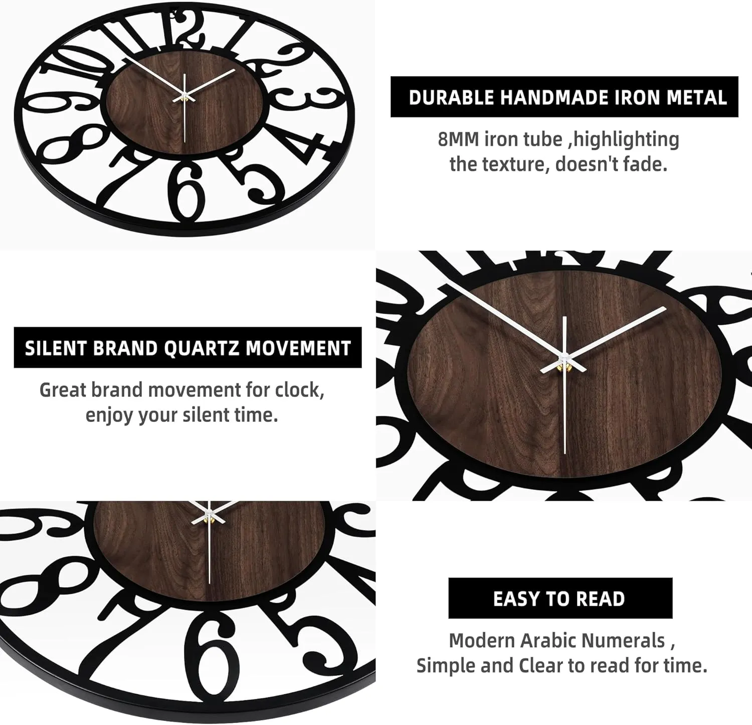 1st owned Wall Clock for Living Room -13" Silent Non Ticking,Battery Operated,Black Metal, Antique Wood Clocks for Farmhouse,Dining Room,Bedroom,Kitchen Clock Wall Decor- Arabic Numerals