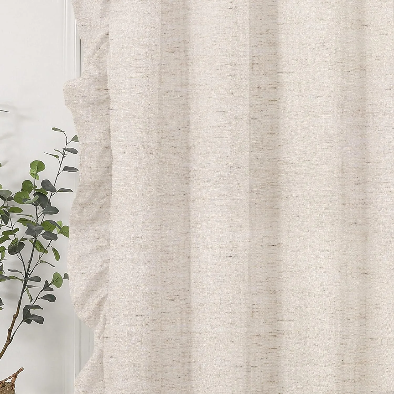2 Panel 32" W by 45" H Linen Window Curtain Set Rustic Style Decoration with Ruffled Edge, Tie Backs and Wall Adhesive Hooks (Natural)