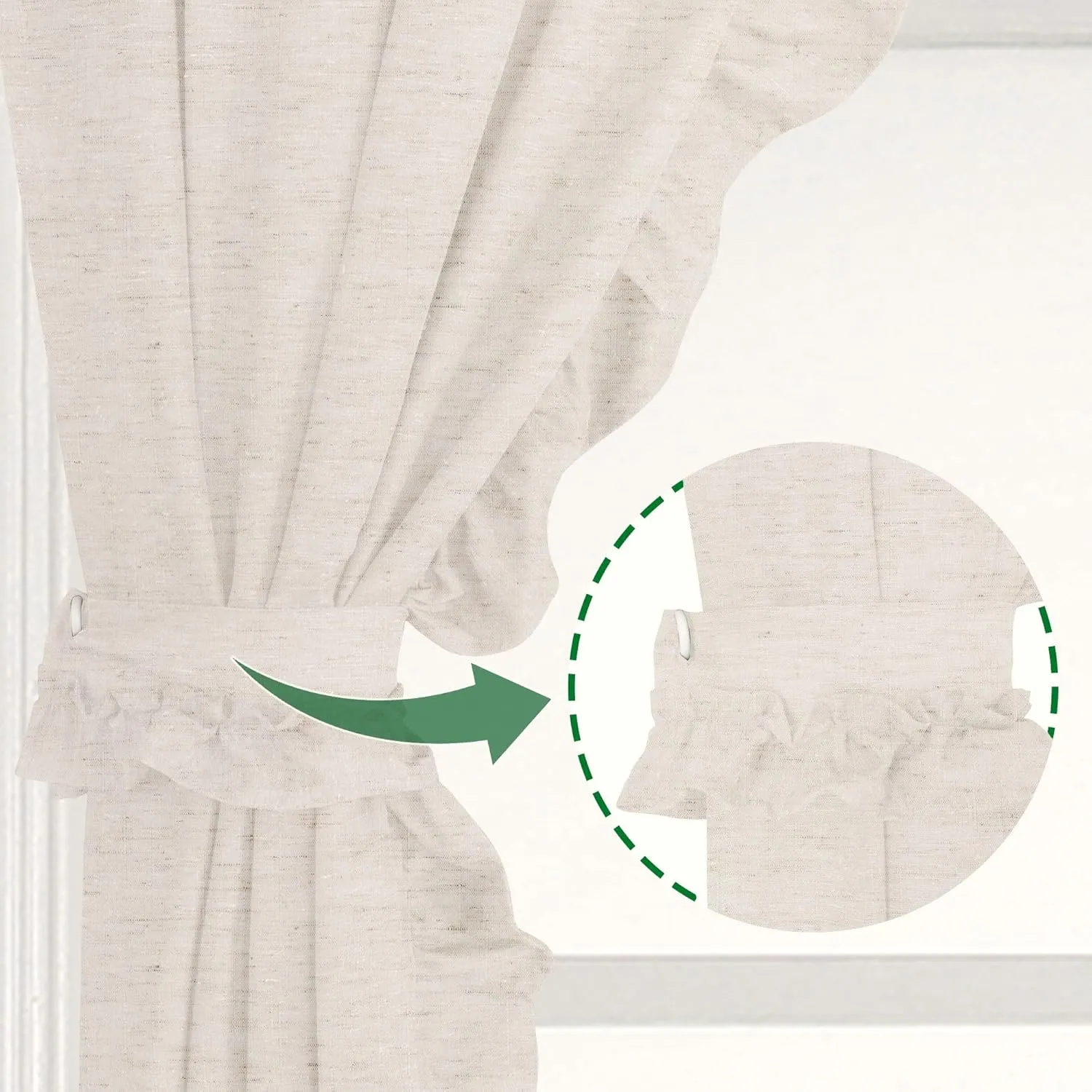 2 Panel 32" W by 45" H Linen Window Curtain Set Rustic Style Decoration with Ruffled Edge, Tie Backs and Wall Adhesive Hooks (Natural)