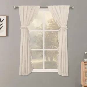 2 Panel 32" W by 45" H Linen Window Curtain Set Rustic Style Decoration with Ruffled Edge, Tie Backs and Wall Adhesive Hooks (Natural)