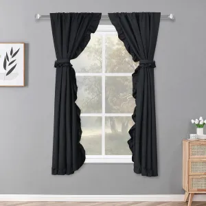 2 Panel 52" W by 63" H Linen Window Curtain Set Rustic Style Decoration with Ruffled Edge, Tie Backs and Wall Adhesive Hooks (Black)