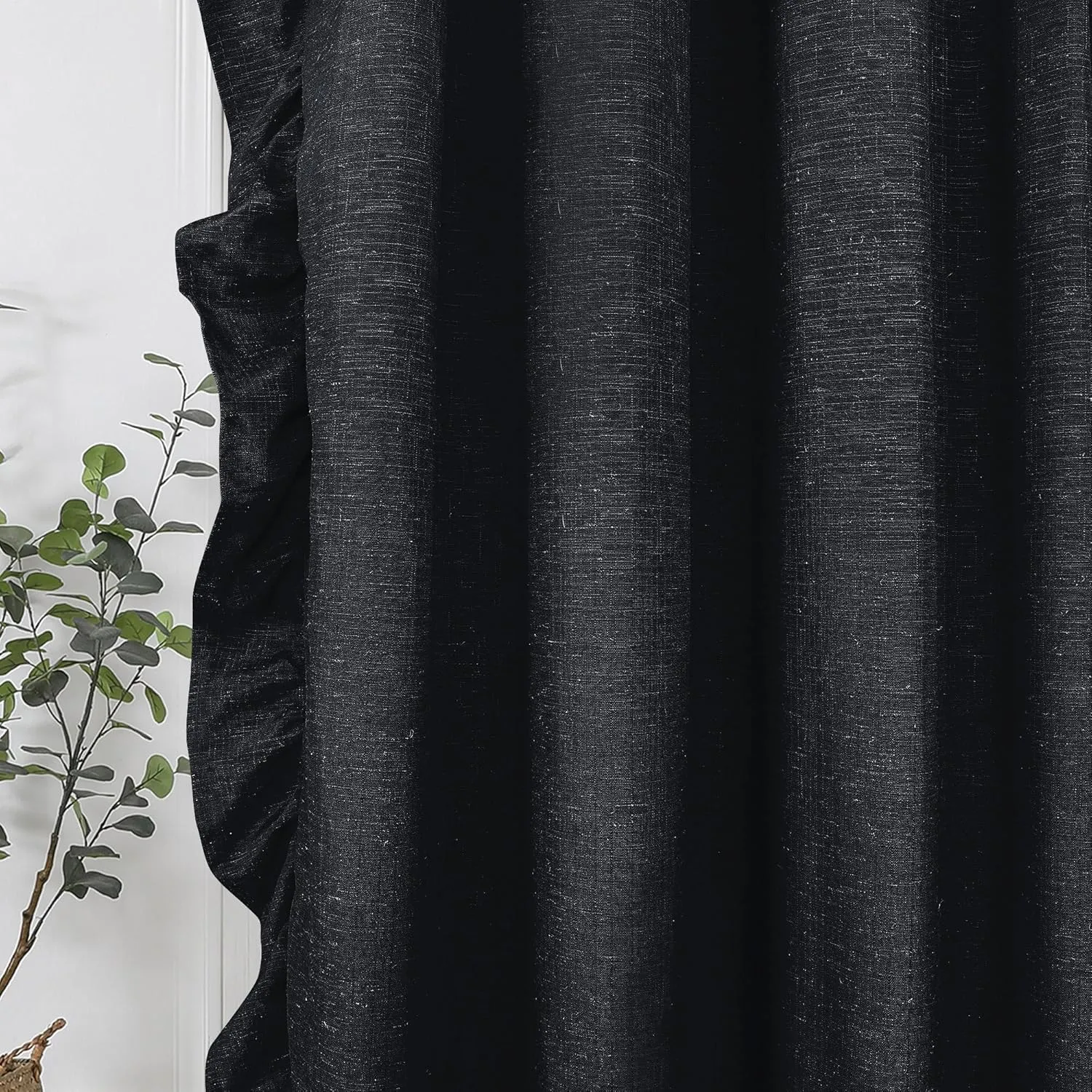 2 Panel 52" W by 63" H Linen Window Curtain Set Rustic Style Decoration with Ruffled Edge, Tie Backs and Wall Adhesive Hooks (Black)