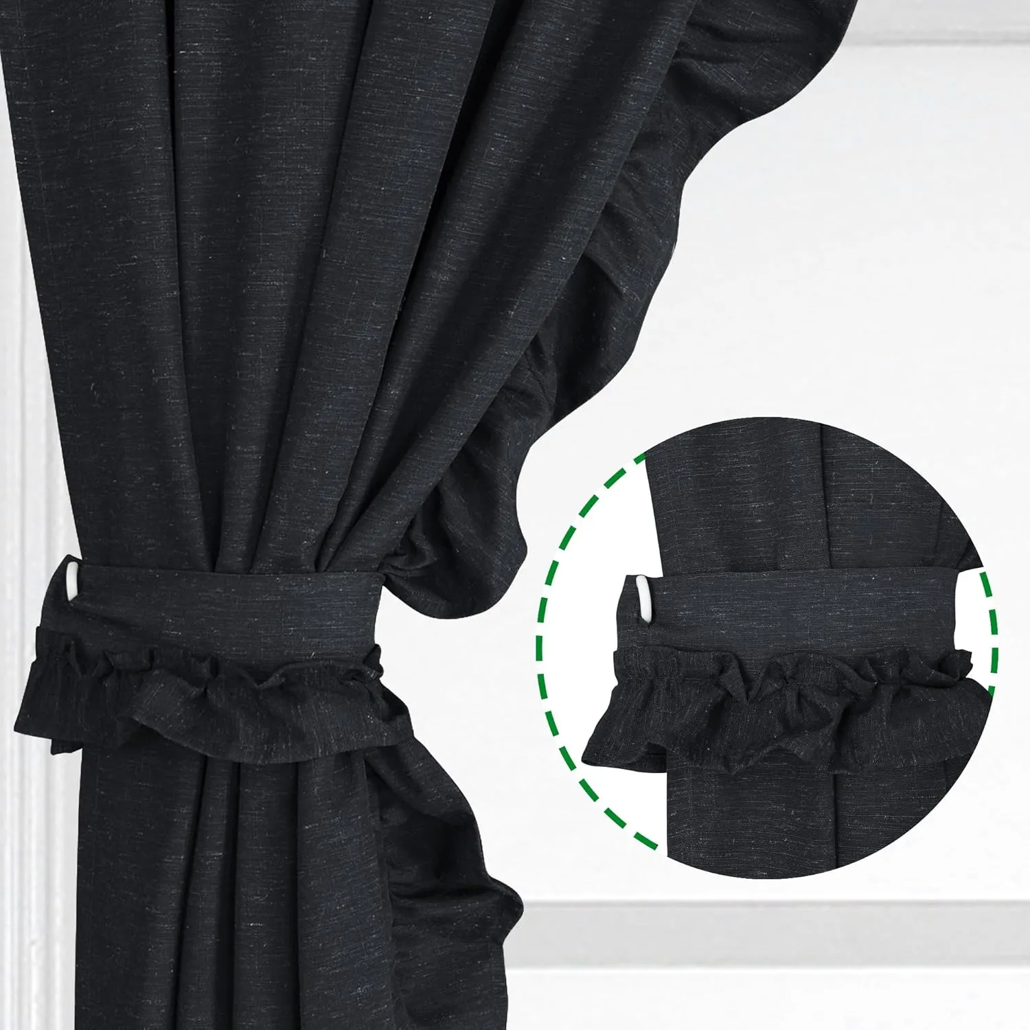 2 Panel 52" W by 63" H Linen Window Curtain Set Rustic Style Decoration with Ruffled Edge, Tie Backs and Wall Adhesive Hooks (Black)