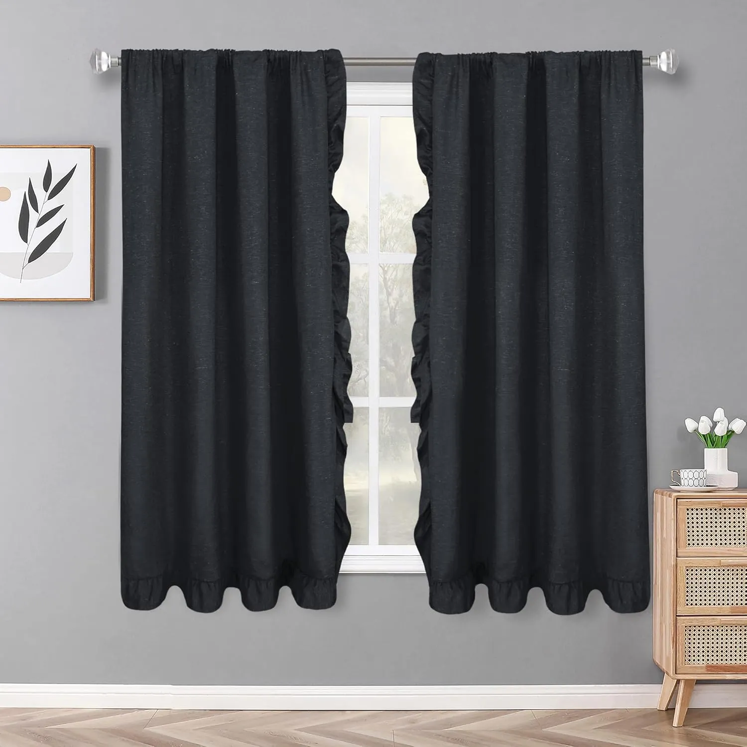2 Panel 52" W by 63" H Linen Window Curtain Set Rustic Style Decoration with Ruffled Edge, Tie Backs and Wall Adhesive Hooks (Black)