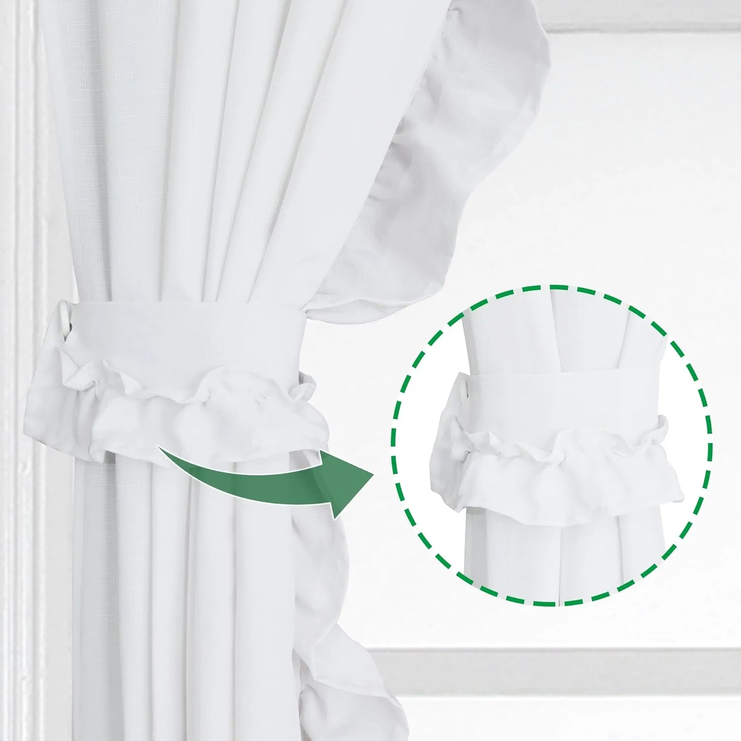 2 Panel 52" W by 63" H Linen Window Curtain Set Rustic Style Decoration with Ruffled Edge, Tie Backs and Wall Adhesive Hooks (White)