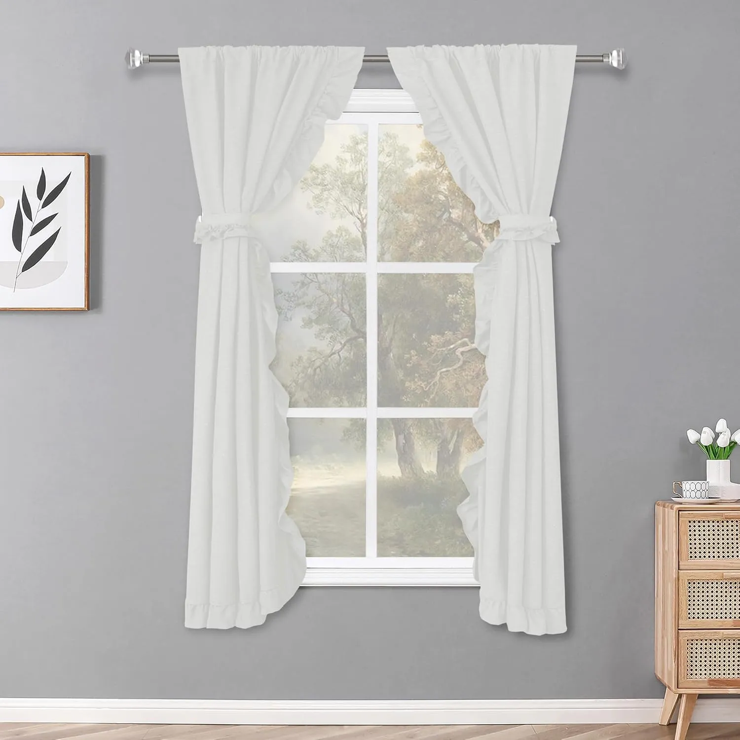 2 Panel 52" W by 63" H Linen Window Curtain Set Rustic Style Decoration with Ruffled Edge, Tie Backs and Wall Adhesive Hooks (White)