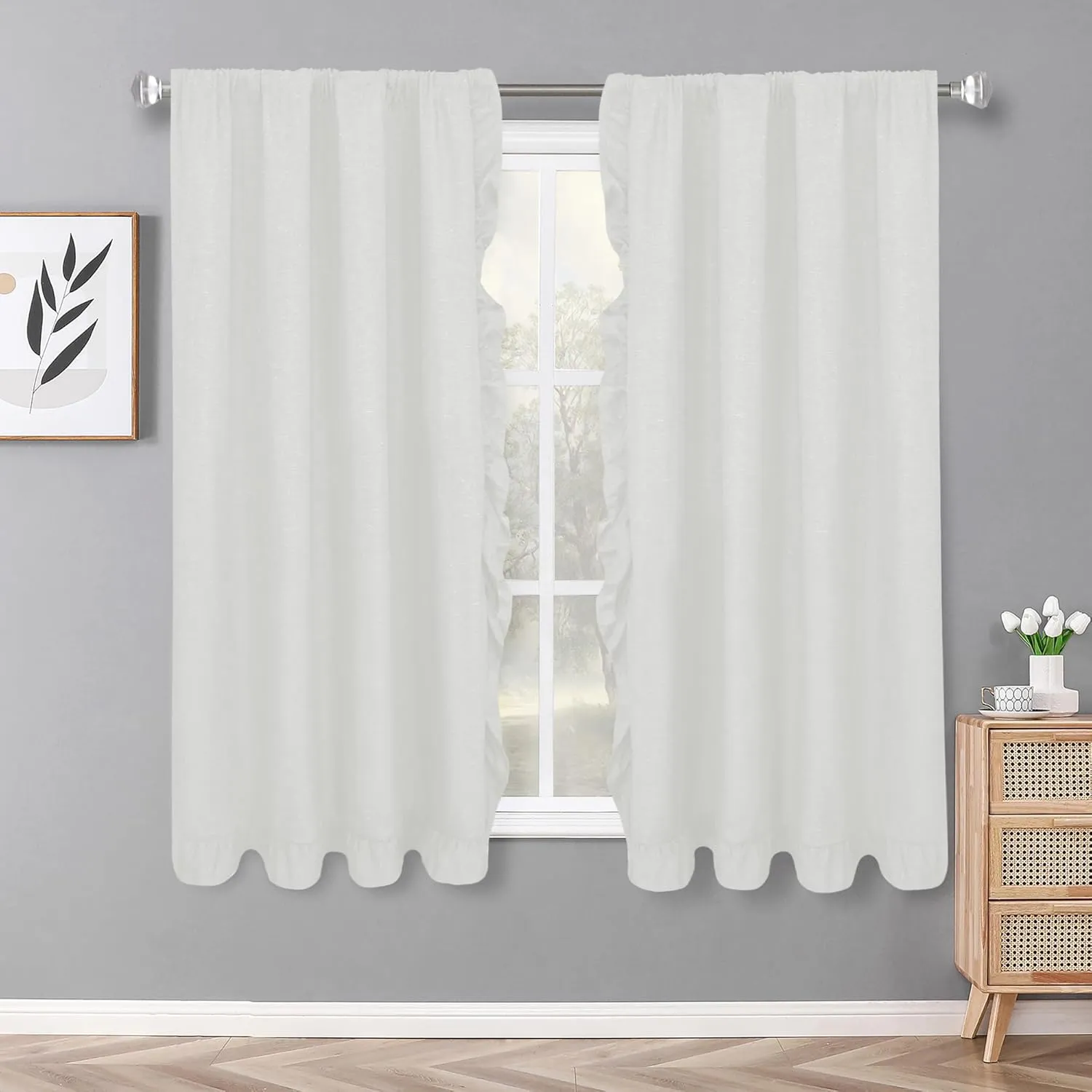 2 Panel 52" W by 63" H Linen Window Curtain Set Rustic Style Decoration with Ruffled Edge, Tie Backs and Wall Adhesive Hooks (White)