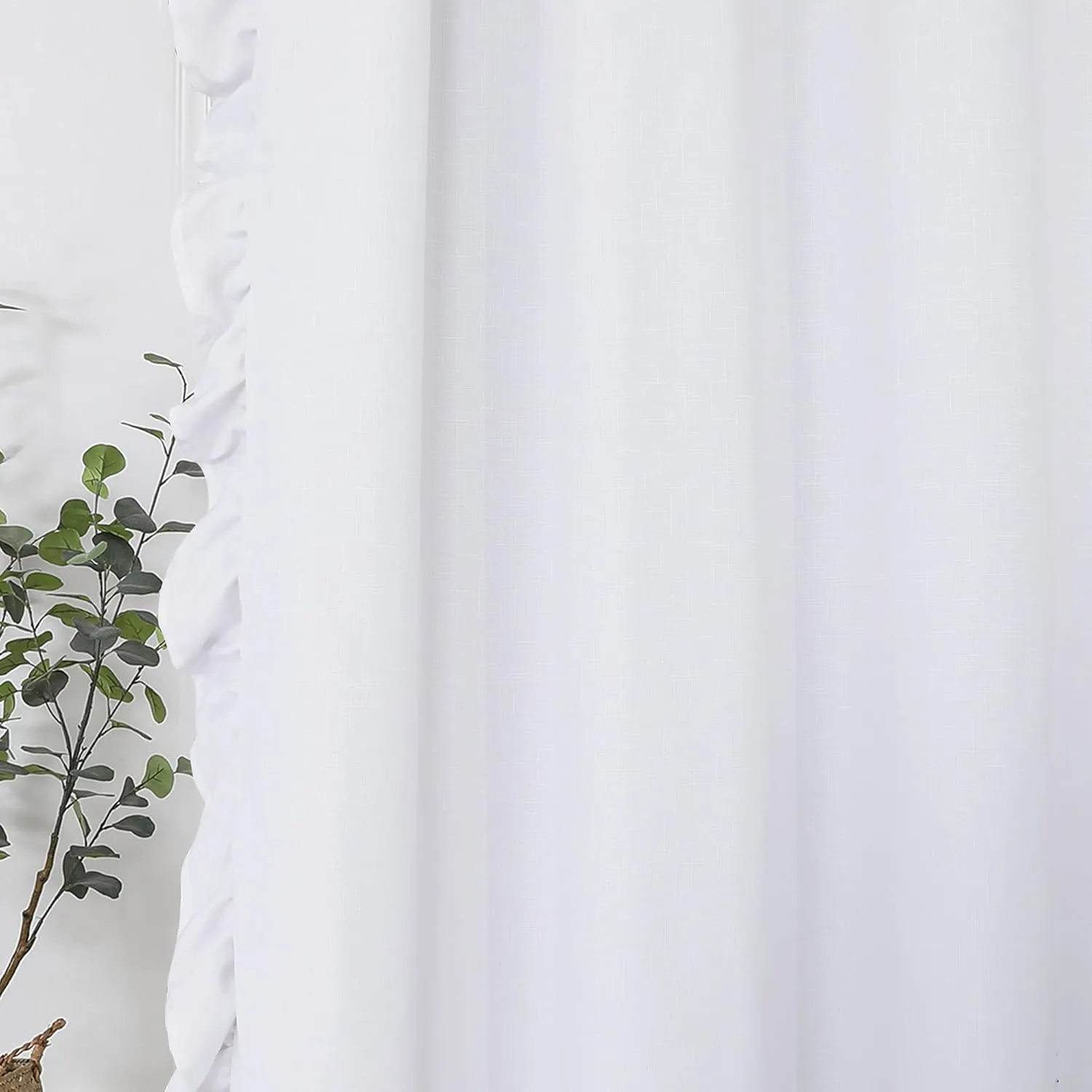 2 Panel 52" W by 63" H Linen Window Curtain Set Rustic Style Decoration with Ruffled Edge, Tie Backs and Wall Adhesive Hooks (White)