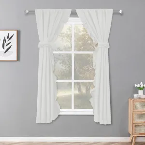 2 Panel 52" W by 63" H Linen Window Curtain Set Rustic Style Decoration with Ruffled Edge, Tie Backs and Wall Adhesive Hooks (White)