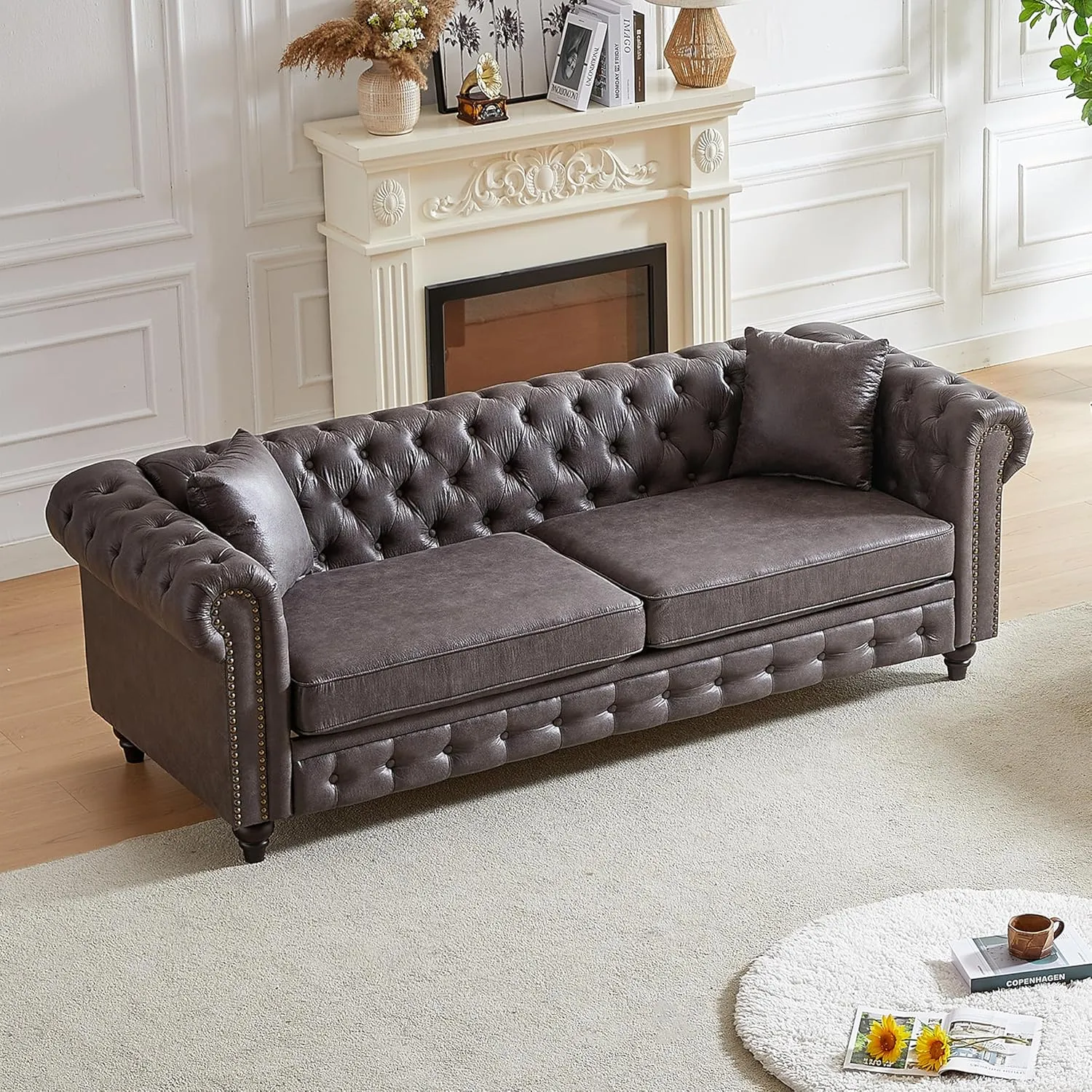 2 Pieces Chesterfield Sofa Sets Nailhead Decor Faux Leather Upholstered Tufted Sectional Sofa&Couch Include 3-Seaters Couch and Loveseat W/Rolled Arms and Wood Legs for Living Room Furniture Sets