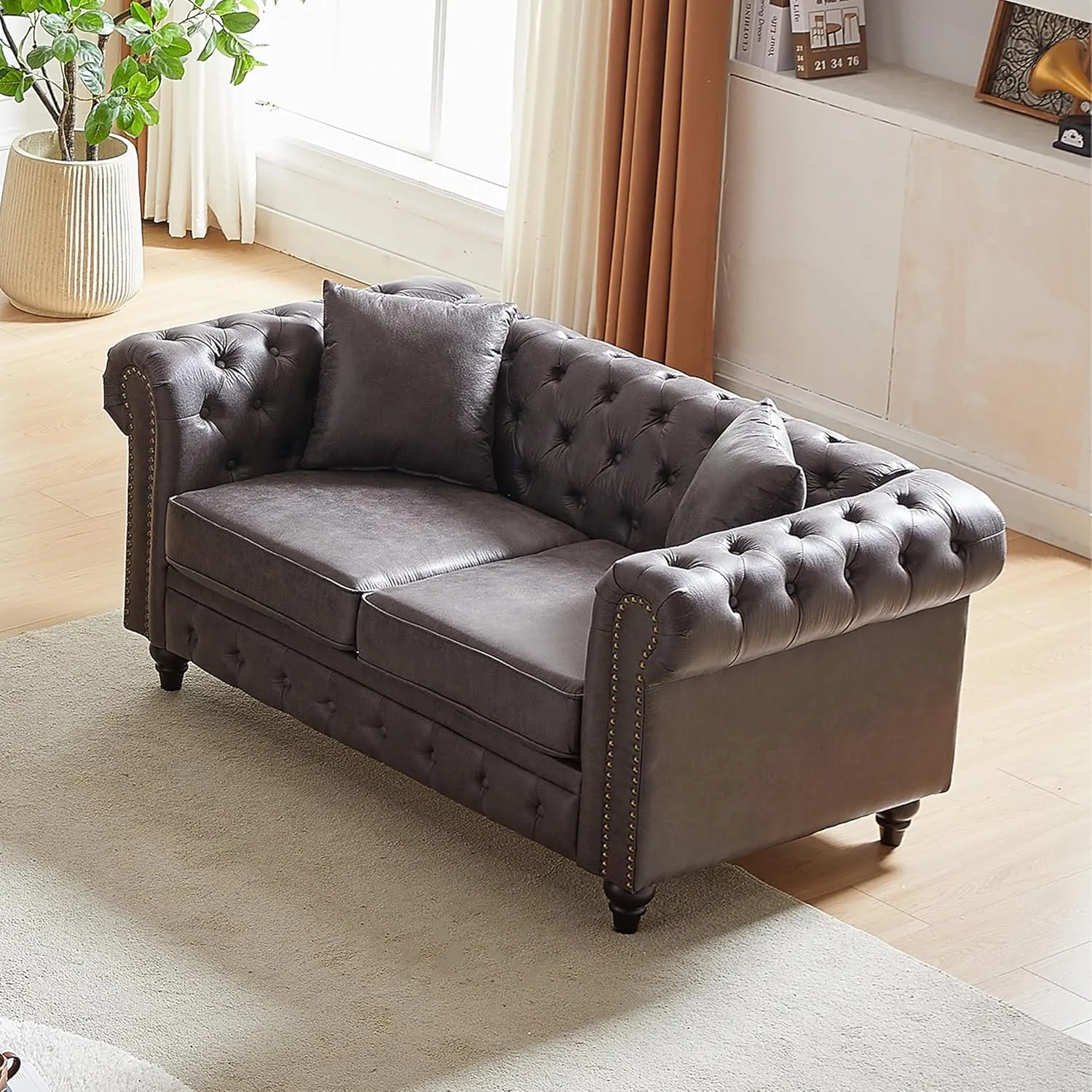 2 Pieces Chesterfield Sofa Sets Nailhead Decor Faux Leather Upholstered Tufted Sectional Sofa&Couch Include 3-Seaters Couch and Loveseat W/Rolled Arms and Wood Legs for Living Room Furniture Sets