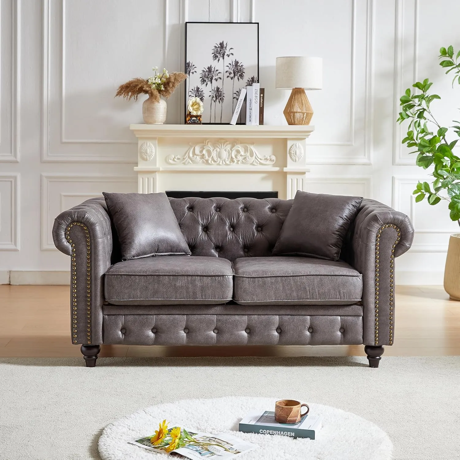 2 Pieces Chesterfield Sofa Sets Nailhead Decor Faux Leather Upholstered Tufted Sectional Sofa&Couch Include 3-Seaters Couch and Loveseat W/Rolled Arms and Wood Legs for Living Room Furniture Sets