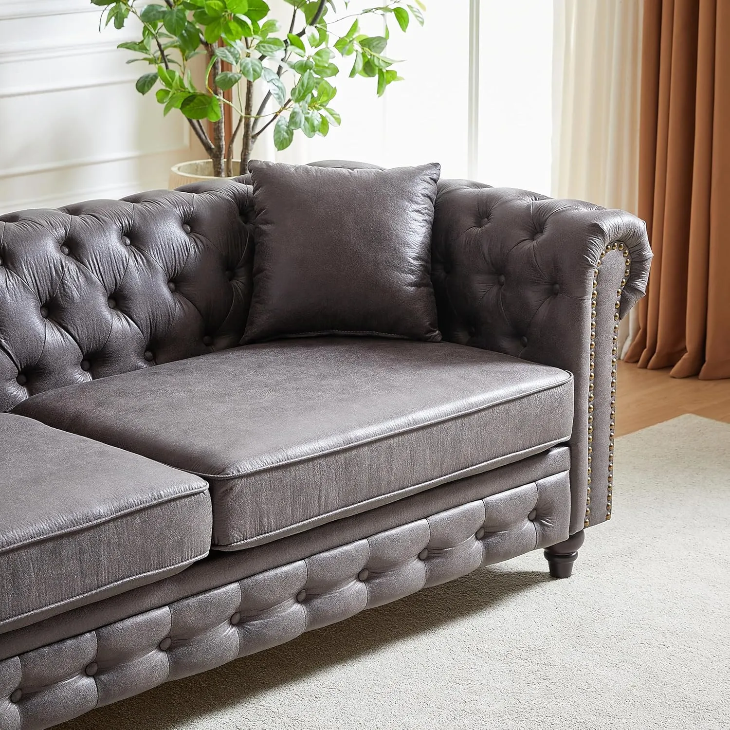 2 Pieces Chesterfield Sofa Sets Nailhead Decor Faux Leather Upholstered Tufted Sectional Sofa&Couch Include 3-Seaters Couch and Loveseat W/Rolled Arms and Wood Legs for Living Room Furniture Sets