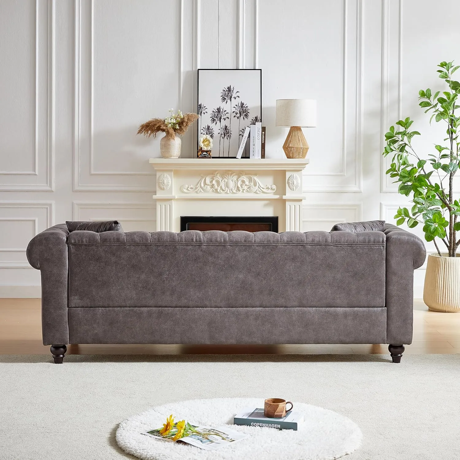 2 Pieces Chesterfield Sofa Sets Nailhead Decor Faux Leather Upholstered Tufted Sectional Sofa&Couch Include 3-Seaters Couch and Loveseat W/Rolled Arms and Wood Legs for Living Room Furniture Sets