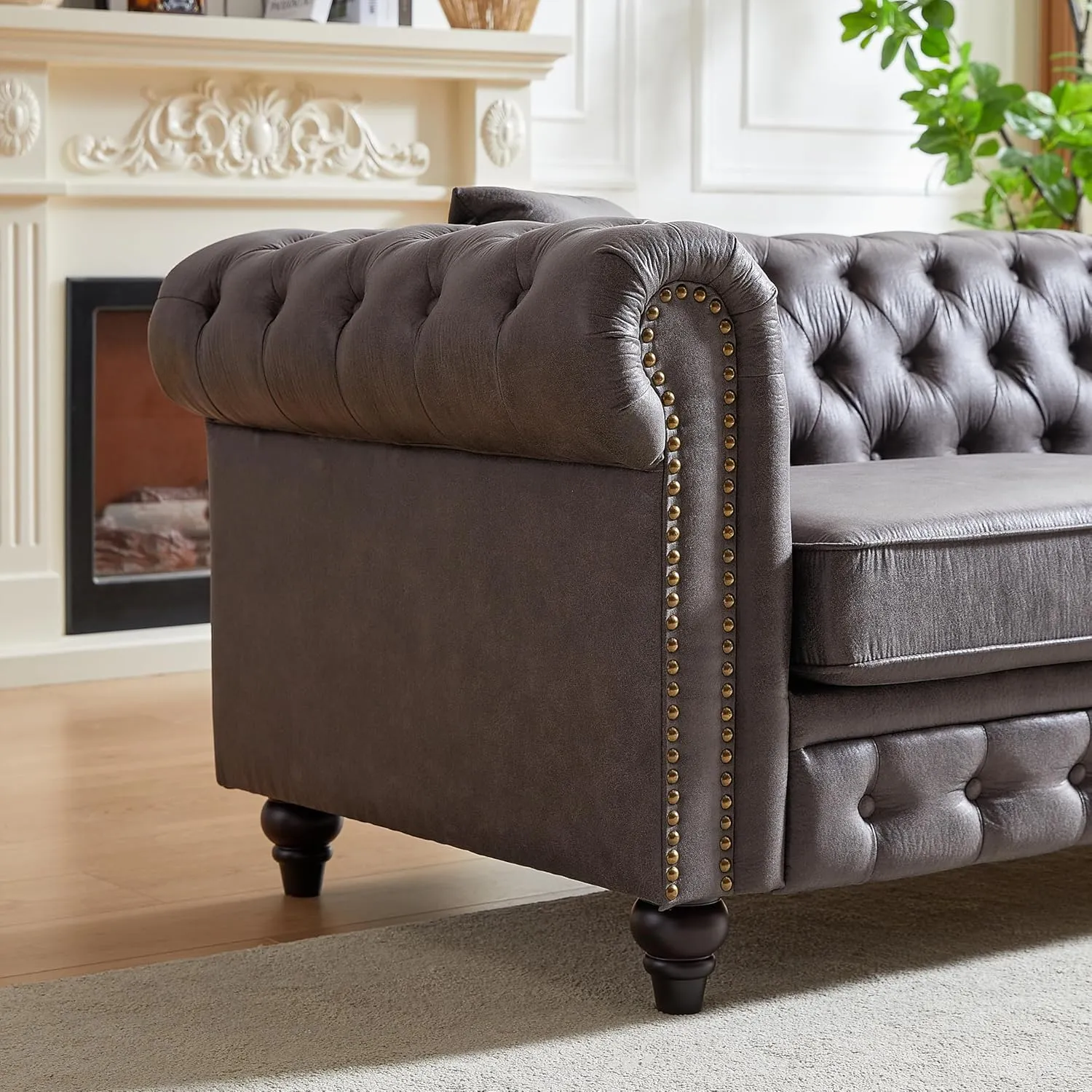2 Pieces Chesterfield Sofa Sets Nailhead Decor Faux Leather Upholstered Tufted Sectional Sofa&Couch Include 3-Seaters Couch and Loveseat W/Rolled Arms and Wood Legs for Living Room Furniture Sets