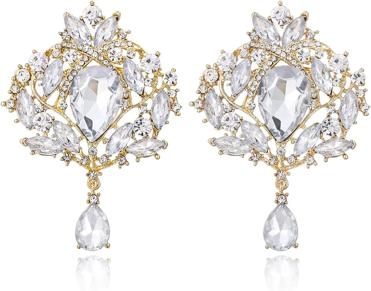 2 Pieces Crystal Rhinestone Marquise Pear-Shaped Teardrop Flower Brooch Pin Set for Women