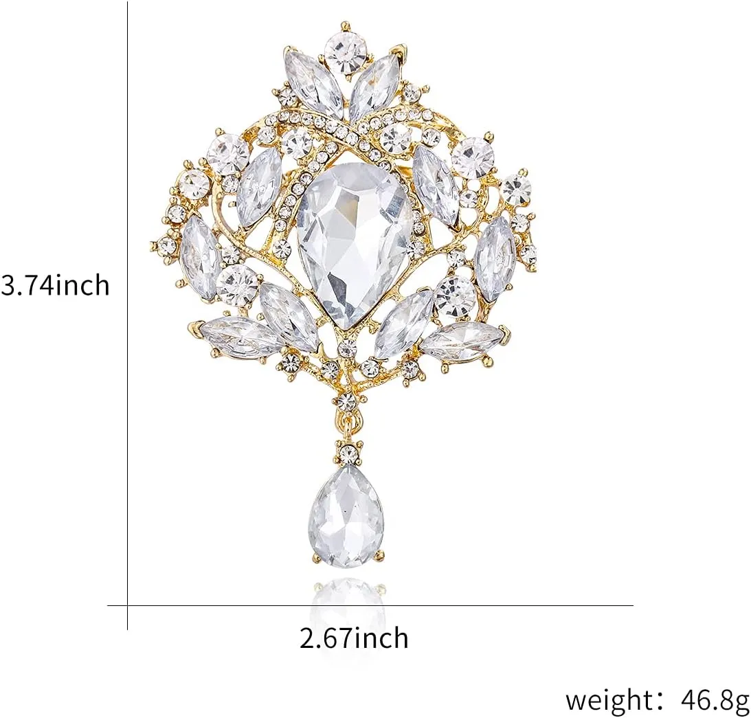 2 Pieces Crystal Rhinestone Marquise Pear-Shaped Teardrop Flower Brooch Pin Set for Women