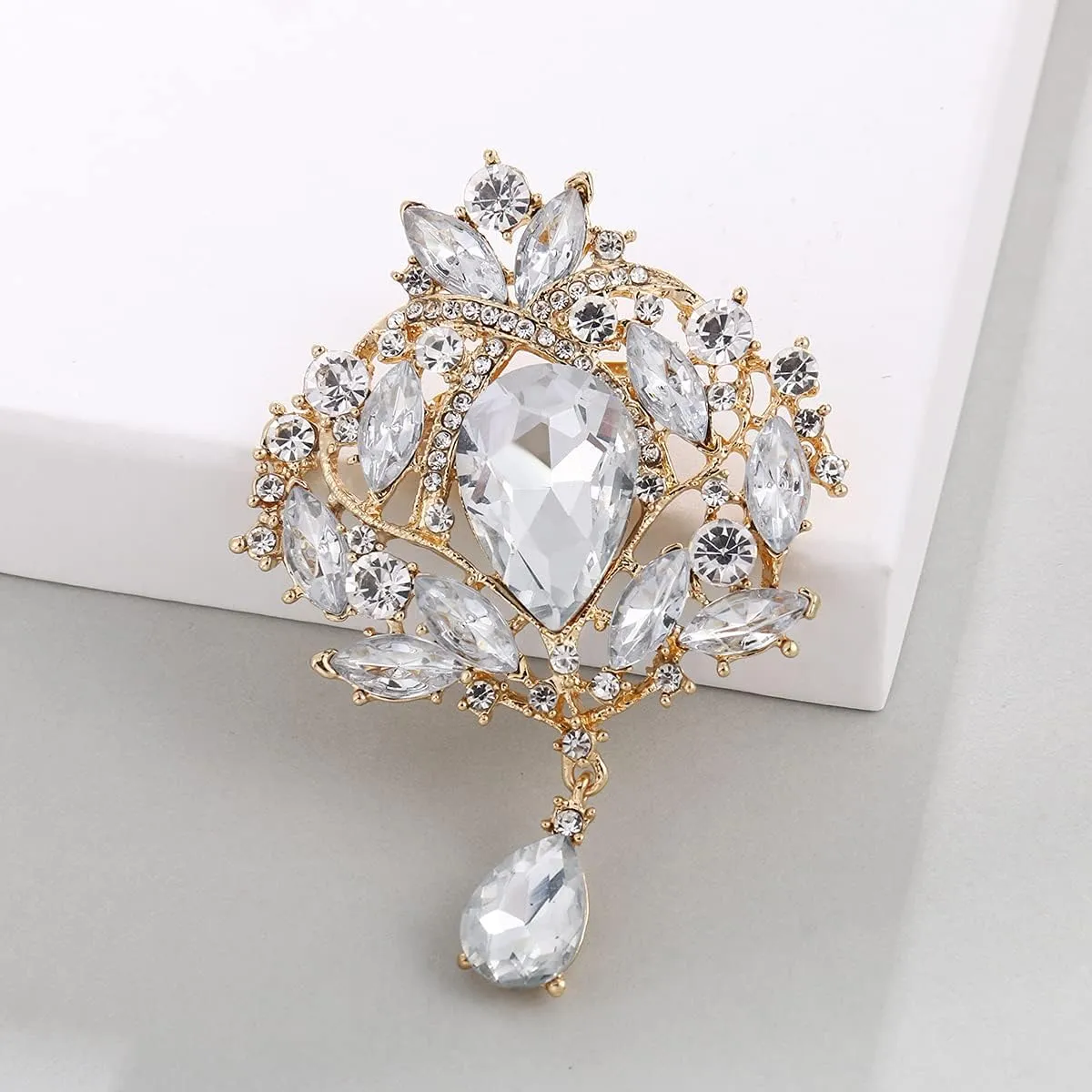 2 Pieces Crystal Rhinestone Marquise Pear-Shaped Teardrop Flower Brooch Pin Set for Women