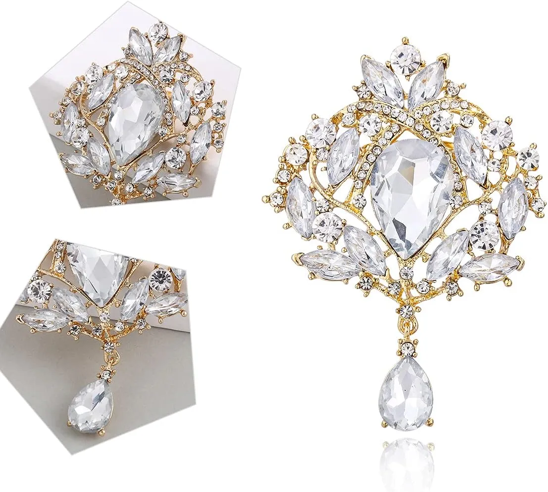 2 Pieces Crystal Rhinestone Marquise Pear-Shaped Teardrop Flower Brooch Pin Set for Women