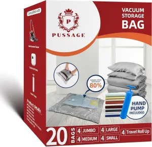 20 Vacuum Storage Bags - Space Saver - Compression bags for Clothes, Bedding & Travel-Airtight, Durable & Leakproof Packing for Moving & Storage - seal bags with FREE hand pump included