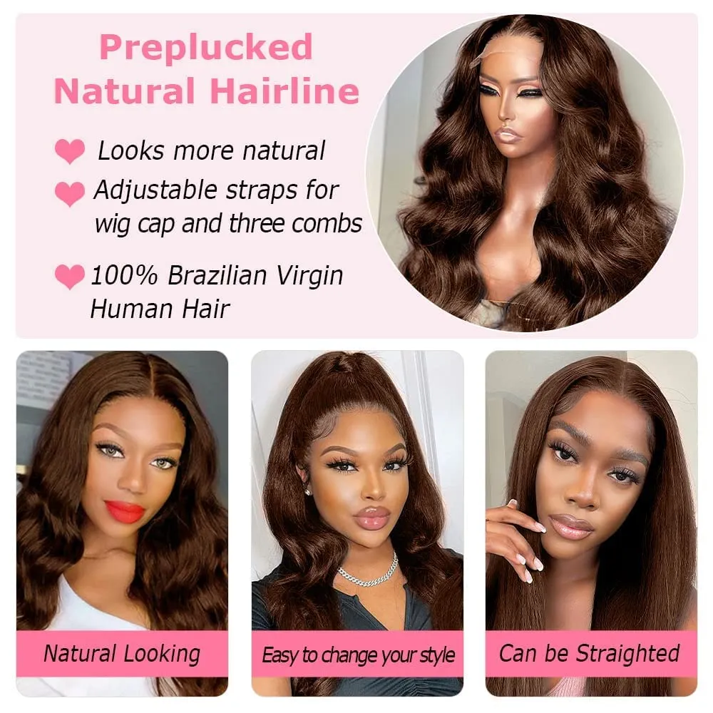 200 Density 13X6 Chocolate Brown Body Wave Lace Front Wigs Human Hair 13x6 HD Transparent Lace Front Wigs For Women Auburn Brown Colored with Baby Hair Glueless Wigs Human Hair Full And Thick 24Inch