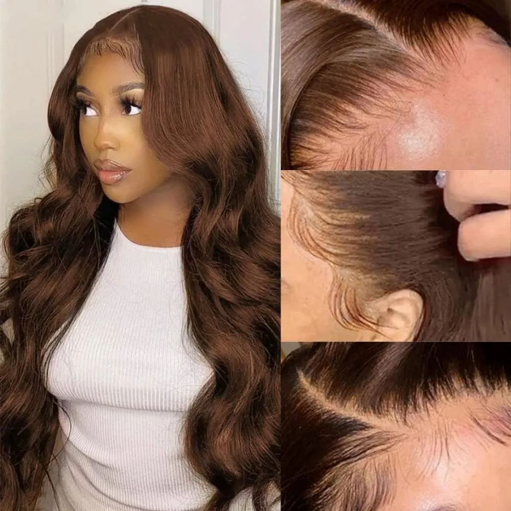 200 Density 13X6 Chocolate Brown Body Wave Lace Front Wigs Human Hair 13x6 HD Transparent Lace Front Wigs For Women Auburn Brown Colored with Baby Hair Glueless Wigs Human Hair Full And Thick 24Inch