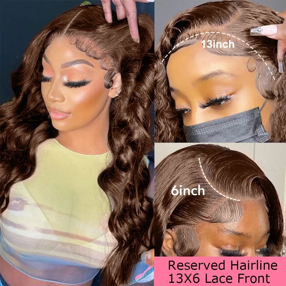 200 Density 13X6 Chocolate Brown Body Wave Lace Front Wigs Human Hair 13x6 HD Transparent Lace Front Wigs For Women Auburn Brown Colored with Baby Hair Glueless Wigs Human Hair Full And Thick 24Inch
